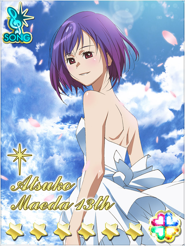 1girl akb0048 card_(medium) character_name cloud cloudy_sky dress facial_hair falling_petals from_behind from_below heart lens_flare looking_at_viewer maeda_atsuko_(akb0048) non-web_source official_art outdoors parted_lips petals pink_petals purple_eyes purple_hair short_hair sky smile solo star_(symbol) strapless strapless_dress treble_clef white_dress