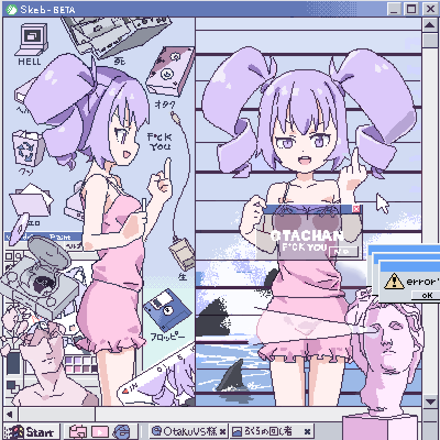 1girl bloomers breasts bust_(sculpture) camisole censored censored_text cleavage commission dorsal_fin drill_hair error_message eye_beam floppy_disk floppy_ears game_console holding icon_(computing) large_breasts lokulo_no_mawashimono looking_at_viewer lowres microsoft_paint_(software) microsoft_windows middle_finger multiple_views open_mouth original otachan pink_bloomers pink_camisole playstation_1 profile purple_eyes purple_hair skeb_(site) skeb_commission smile standing strap_slip twin_drills underwear uneven_eyes v-shaped_eyebrows vaporwave videocassette water window_(computing) windows_98 windows_classic