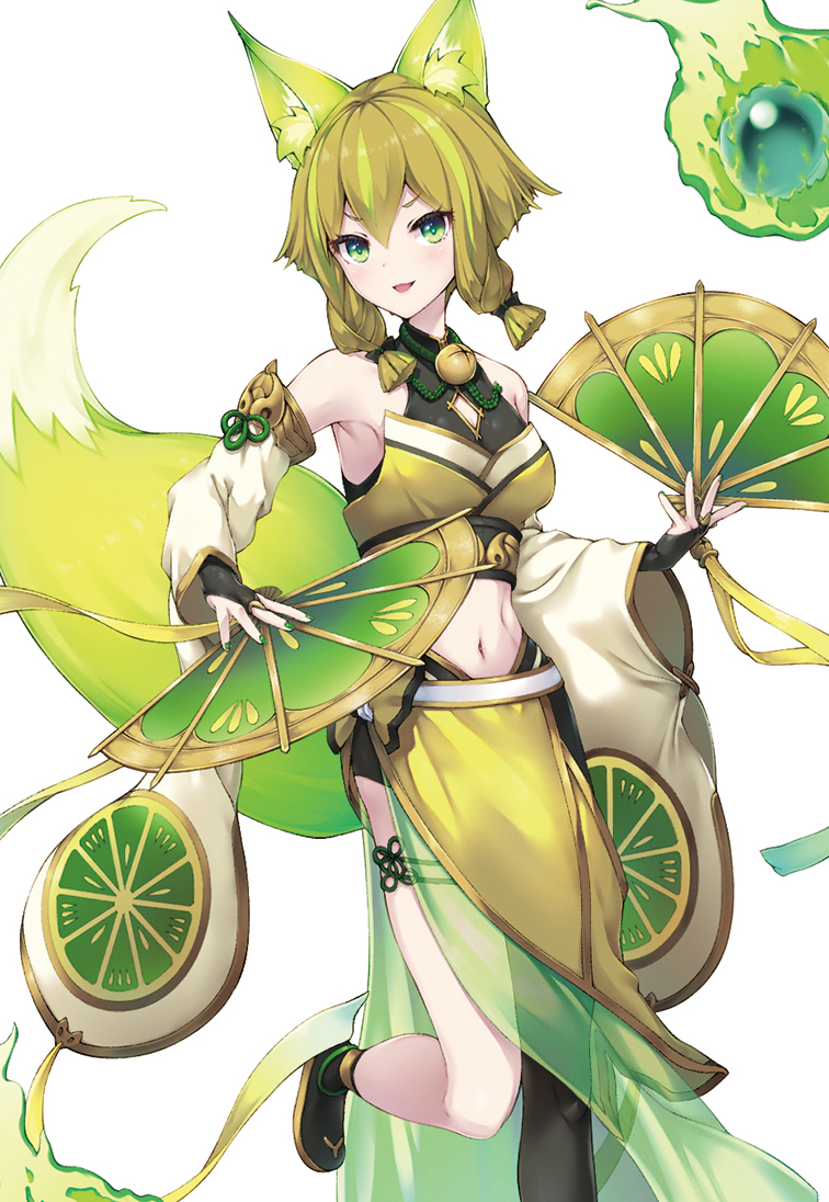 1girl animal_ear_fluff animal_ears asymmetrical_legwear bell black_bow blonde_hair bow braid breasts detached_sleeves duel_monster fox_ears fox_tail gem green_eyes hand_fan holding holding_fan hu-li_the_jewel_mikanko japanese_clothes long_sleeves looking_at_viewer mandarin_orange_slice medium_breasts midriff nail_polish nakazawa_aki navel neck_bell open_mouth short_hair simple_background smile solo tail thighs twin_braids white_background yu-gi-oh!