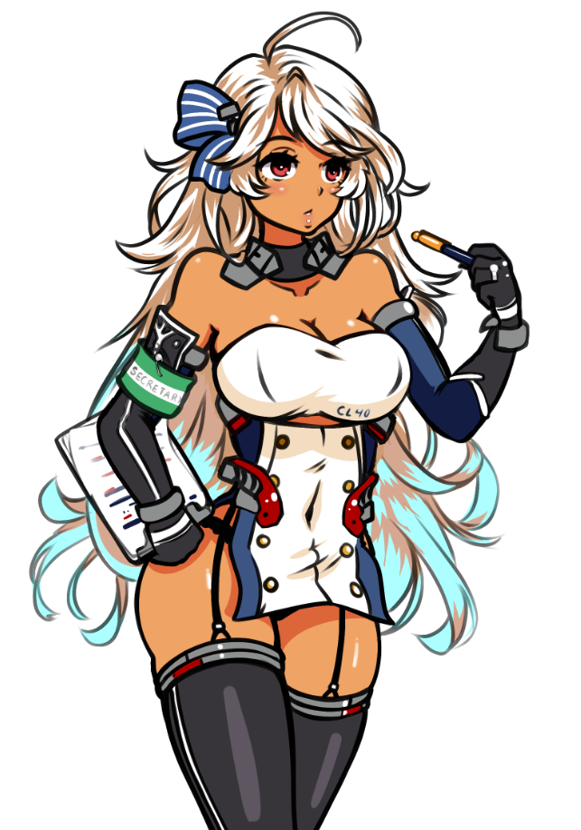 1girl ahoge armband azur_lane bare_shoulders black_gloves blonde_hair blush breasts brooklyn_(azur_lane) cleavage clipboard commentary dark-skinned_female dark_skin elbow_gloves english_commentary female_focus gloves large_breasts long_hair looking_at_viewer panties pen red_eyes simple_background solo stacking_mann thighhighs underwear very_long_hair wavy_hair