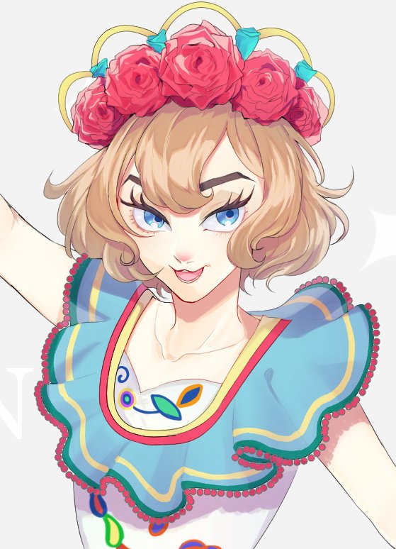 1girl animification blue_eyes brown_hair clarice_(disney) disney disneyland dress eyelashes flower hair_flower hair_ornament humanization looking_at_viewer mexican_clothes mexican_dress mickey_mouse_&amp;_friends open_mouth personification red_flower red_rose rl10_02 rose short_hair smile solo