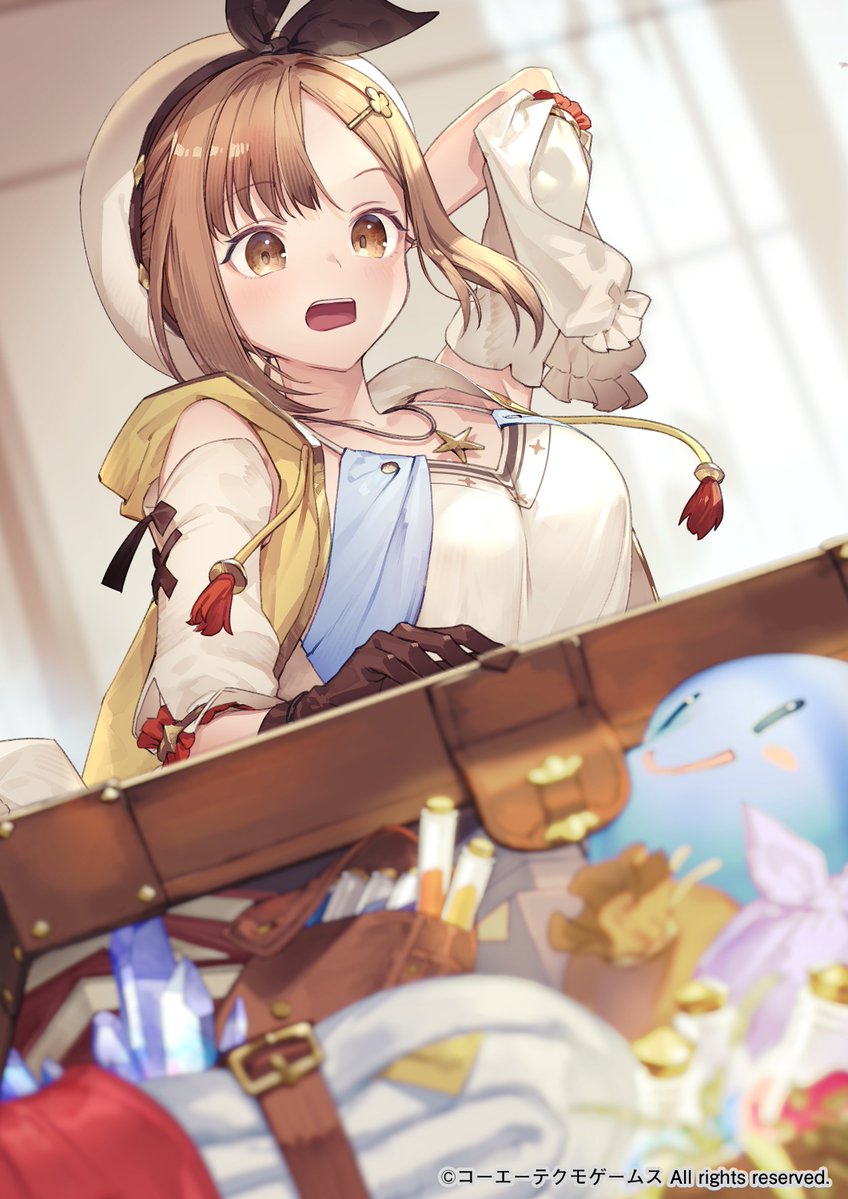 1girl atelier_(series) atelier_resleriana atelier_ryza breasts brown_eyes brown_hair camisole jacket jewelry large_breasts official_art pendant reisalin_stout solo star_pendant umiu_geso upper_body white_camisole yellow_jacket