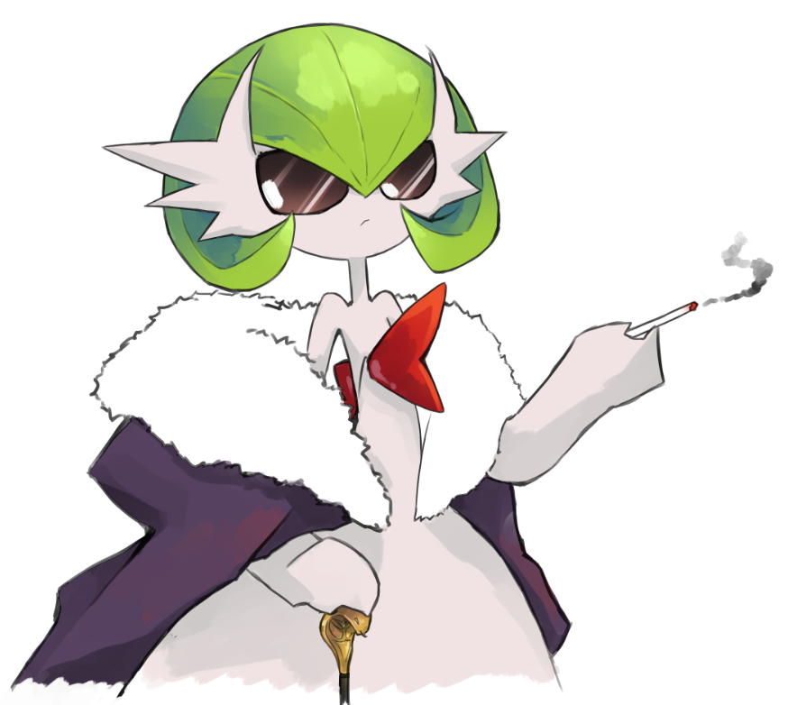 arbok cane cigarette cloak colored_skin dmt_(auburn) dress fur-trimmed_cloak fur_trim gardevoir gen_1_pokemon gen_3_pokemon mega_gardevoir mega_pokemon nintendo pokemon pokemon_(creature) simple_background strapless strapless_dress sunglasses white_background white_skin