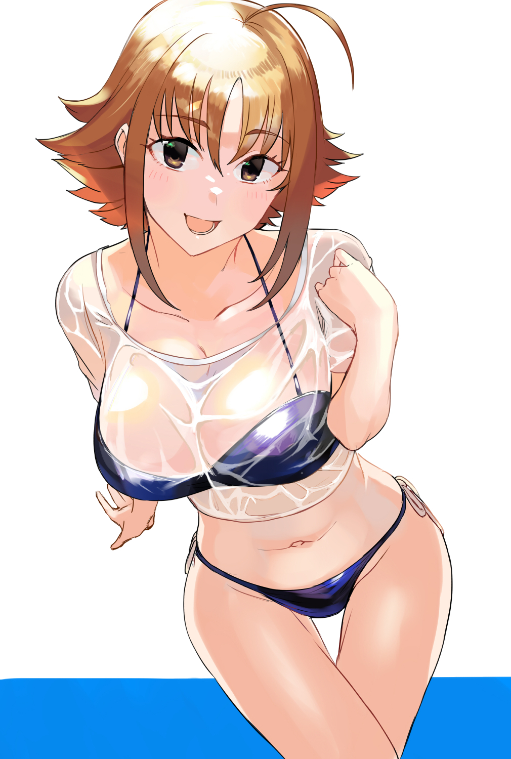 1girl :d ahoge arm_support ashita_(2010) bikini bikini_under_clothes blue_bikini blush breasts brown_hair collarbone cowboy_shot crossed_legs dutch_angle groin halterneck highres idolmaster idolmaster_cinderella_girls large_breasts looking_at_viewer midriff navel nishijima_kai open_mouth see-through_clothes see-through_shirt shirt side-tie_bikini_bottom simple_background skindentation smile solo swimsuit thigh_gap two-tone_background wet wet_clothes wet_shirt