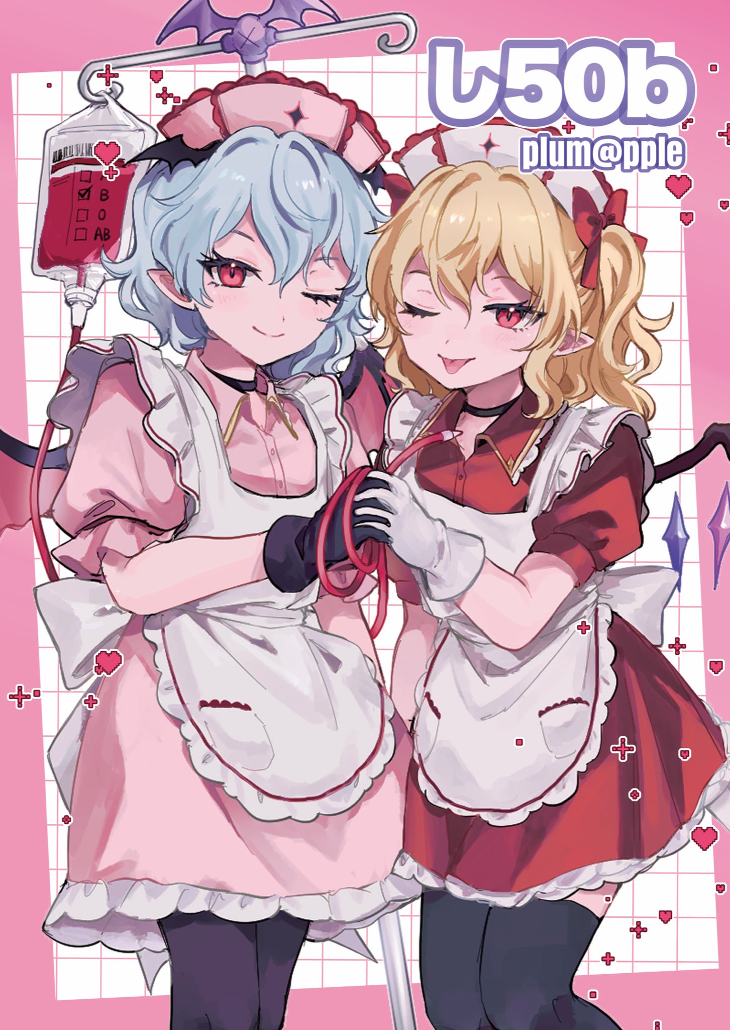 2girls ;) ;p apron bat_wings black_choker black_gloves black_pantyhose black_thighhighs blonde_hair blood blood_bag bow choker closed_mouth cowboy_shot dress flandre_scarlet gloves grid_background hair_between_eyes hair_bow hat heart highres holding_hands looking_at_viewer medium_hair multiple_girls nurse_cap one_eye_closed one_side_up pantyhose pink_background pink_dress pink_hat plumapple3 pointy_ears puffy_short_sleeves puffy_sleeves red_bow red_dress red_eyes remilia_scarlet short_hair short_sleeves smile thighhighs tongue tongue_out touhou white_apron white_gloves white_hat winged_hat wings
