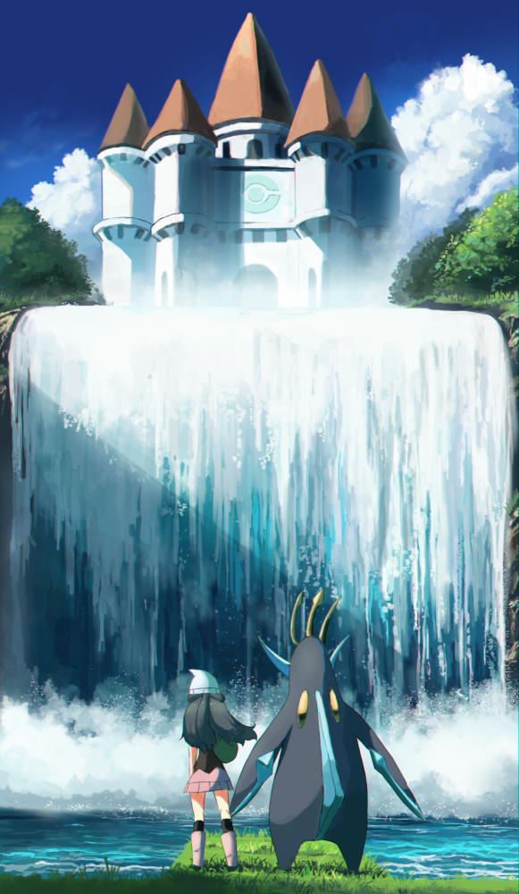 1girl bag beanie black_hair black_legwear boots building cloud commentary_request dawn_(pokemon) day duffel_bag empoleon gen_4_pokemon grass hat nintendo outdoors pink_boots pokemon pokemon_(creature) pokemon_dppt rowdon sky socks standing water waterfall white_headwear