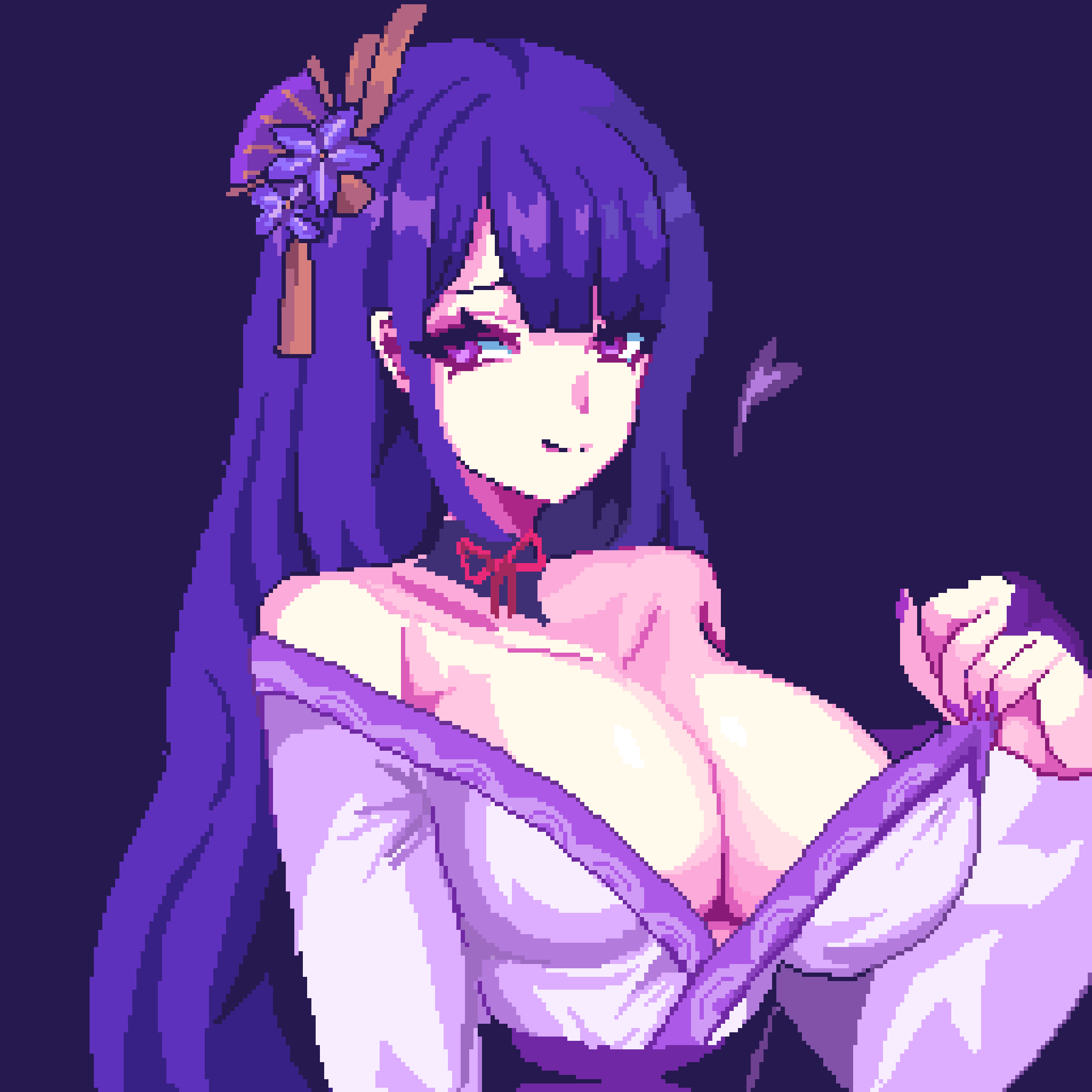 1girl breasts clothes_pull collarbone flower genshin_impact highres japanese_clothes kimono kimono_pull off_shoulder pixel_art pixelcadete purple_background purple_eyes purple_flower purple_hair purple_kimono purple_nails raiden_shogun simple_background solo