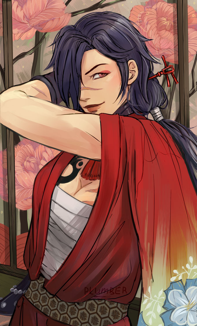 1girl black_hair breast_tattoo breasts brown_lips chest_sarashi cleavage commentary_request dramatical_murder eyeliner flower genderswap genderswap_(mtf) hair_ornament hair_over_one_eye hair_stick japanese_clothes koujaku large_breasts makeup ponytail red_eyeliner red_eyes russian_commentary sarashi scar scar_on_breasts scar_on_face scar_on_nose smile solo tattoo vasiliy-plumber