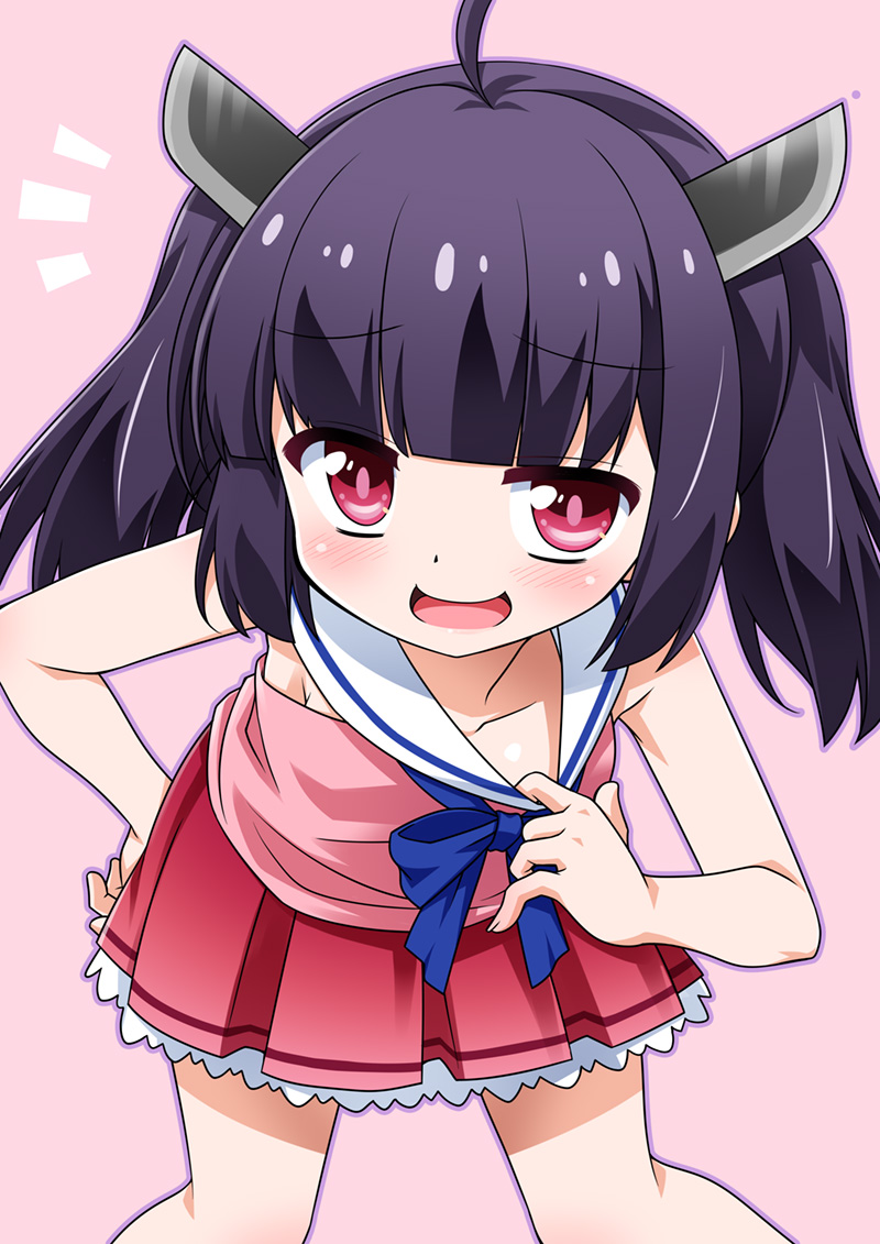 1girl ahoge akou_roushi black_hair blush clothes_pull flat_chest headgear leaning_forward looking_at_viewer open_mouth red_eyes sailor_collar shirt_pull skirt smile smug solo touhoku_kiritan twintails voiceroid