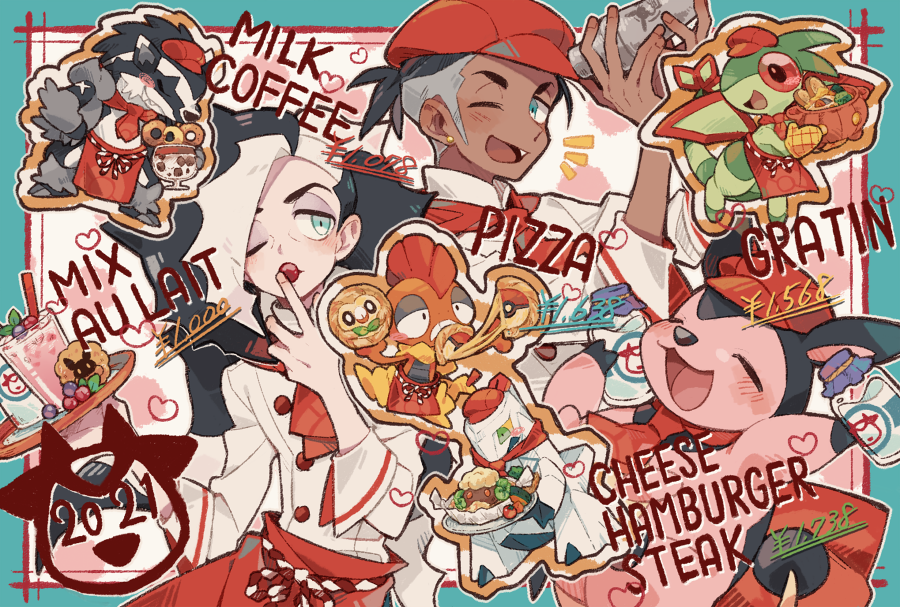 2boys apron black_hair blush bottle burger clothed_pokemon coffee commentary_request cosplay dark-skinned_male dark_skin drinking_straw duraludon english_text fang flygon food gen_2_pokemon gen_3_pokemon gen_5_pokemon gen_7_pokemon gen_8_pokemon glass gratin hat heart holding holding_tray leah_(pokemon) leah_(pokemon)_(cosplay) looking_at_viewer male_focus milk_bottle miltank moomoo_milk multicolored_hair multiple_boys nintendo obstagoon one_eye_closed open_mouth piers_(pokemon) pizza pokemon pokemon_cafe_remix pokemon_sm pokemon_swsh price raihan_(pokemon) red_headwear rowlet saku_anna sash scrafty sleeves_rolled_up tongue tray two-tone_hair undercut waist_apron waiter whimsicott white_hair