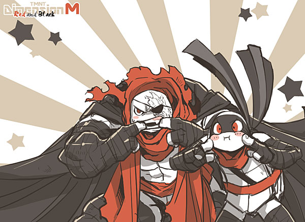 2boys armor black_cape cape cosplay eyepatch leonardo_(tmnt) mask miyako_nagi multiple_boys ninja no_humans one_eye_closed raphael_(tmnt) red_eyes red_scarf scarf shoulder_armor shredder_(cosplay) shredder_(tmnt) tagme teenage_mutant_ninja_turtles turtle