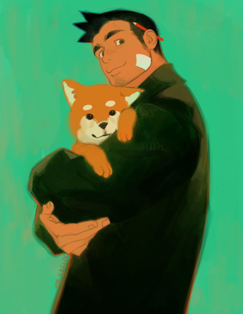1boy animal artist_name bandaid bandaid_on_face object_behind_ear black_hair closed_mouth commentary crossed_arms dog english_commentary facial_hair green_background green_eyes green_jacket ace_attorney holding holding_animal holding_dog dick_gumshoe jacket looking_at_viewer male_focus missile_(ace_attorney) mr_kasuy pencil shiba_inu short_hair sideburns smile