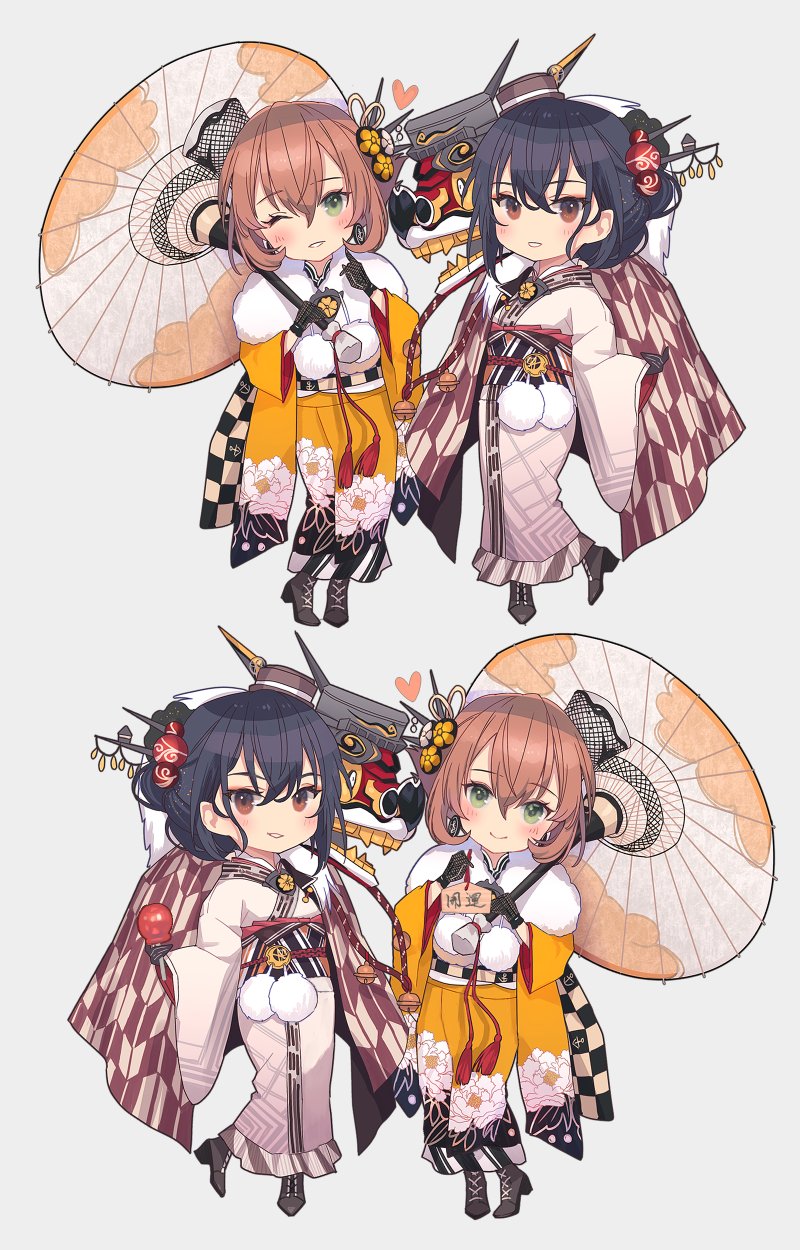 2girls black_gloves black_hair brown_hair chibi closed_mouth ema fur-trimmed_gloves fur-trimmed_kimono fur_trim gloves green_eyes highres japanese_clothes kantai_collection kasumi_(skchkko) kimono long_hair long_sleeves looking_at_viewer multiple_girls multiple_views mutsu_(kancolle) mutsu_(new_year)_(kancolle) nagato_(kancolle) nagato_(new_year)_(kancolle) obi official_alternate_costume one_eye_closed red_eyes sash short_hair smile white_kimono wide_sleeves yellow_kimono