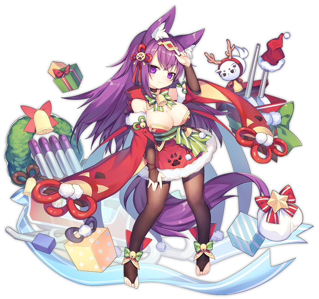 1girl alternate_costume animal_ears ao_jun arm_up azur_lane bell black_pantyhose blush bow breasts christmas_wreath cleavage closed_mouth feet female_focus fox_ears full_body green_bow hat large_breasts long_hair looking_at_viewer official_art pantyhose purple_eyes purple_hair santa_hat smile smug solo tail toeless_legwear toes transparent_background unworn_hat unworn_headwear urakaze_(azur_lane) urakaze_(seasonal_shogun)_(azur_lane) very_long_hair wreath