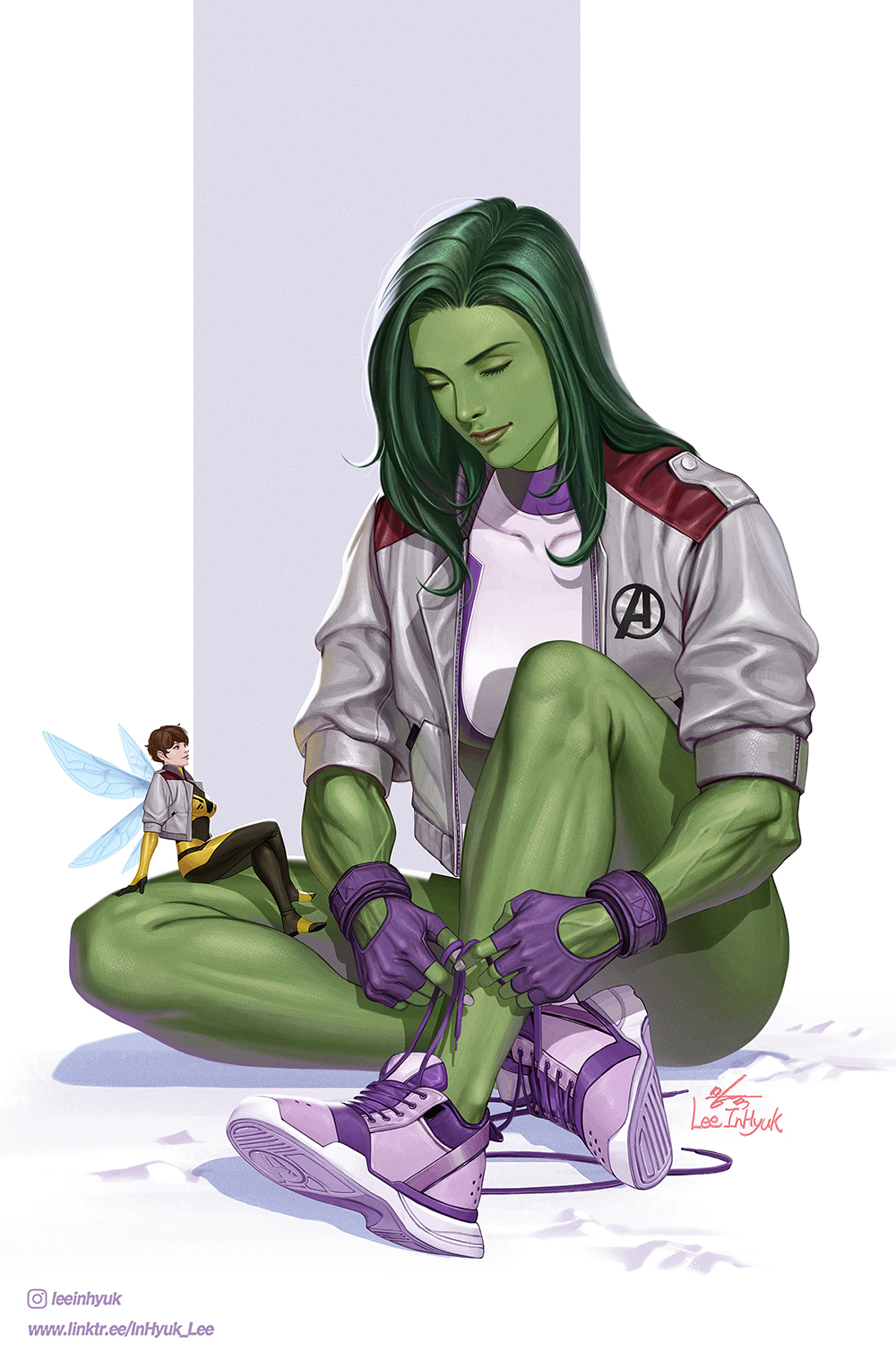2girls artist_name avengers_(series) black_boots black_dress black_pantyhose boots border breasts brown_eyes brown_hair closed_eyes closed_mouth colored_skin commentary covered_collarbone crossed_legs dress english_commentary fingerless_gloves fingernails full_body gloves green_hair green_skin grey_background grey_jacket highres in-hyuk_lee insect_wings jacket janet_van_dyne lapels large_breasts lips long_hair long_sleeves looking_at_another marvel multiple_girls muscular muscular_female nail_polish open_clothes open_jacket outside_border pantyhose pocket puffy_long_sleeves puffy_sleeves purple_gloves purple_nails purple_shoes shadow she-hulk shoes short_hair signature simple_background sitting smile superhero_costume tank_top two-tone_dress tying_footwear veins wasp_(marvel) white_border white_tank_top wings yellow_dress