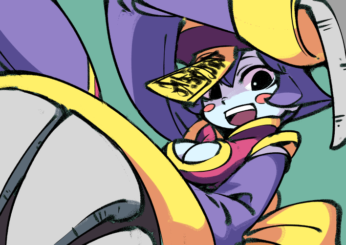 1girl blue_hair blue_skin blush_stickers breasts chinese_clothes claws cleavage cleavage_cutout clothing_cutout colored_skin flipped_hair hat hounori jiangshi hsien-ko looking_at_viewer open_mouth short_hair simple_background smile solo darkstalkers