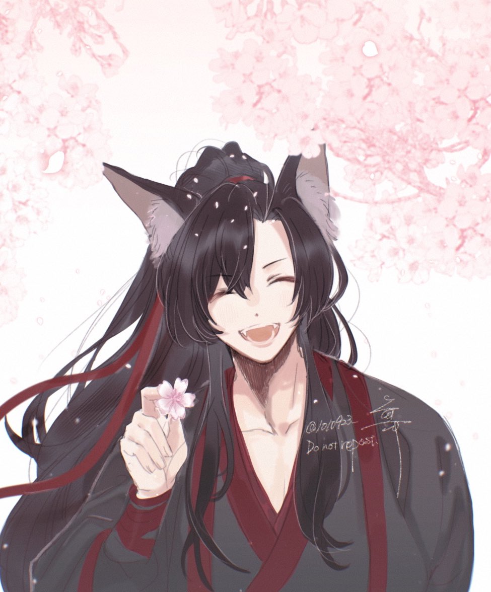 1010923 1boy :d ^_^ ahoge animal_ear_fluff animal_ears bishounen black_hair black_hanfu cherry_blossoms chinese_clothes closed_eyes collarbone facing_viewer falling_petals fangs flower fox_boy fox_ears hair_between_eyes hair_ribbon hand_up hanfu high_ponytail holding holding_flower kemonomimi_mode long_hair long_sleeves male_focus modao_zushi open_mouth petals pink_flower ponytail red_ribbon ribbon robe sidelocks smile solo twitter_username upper_body watermark wei_wuxian white_background