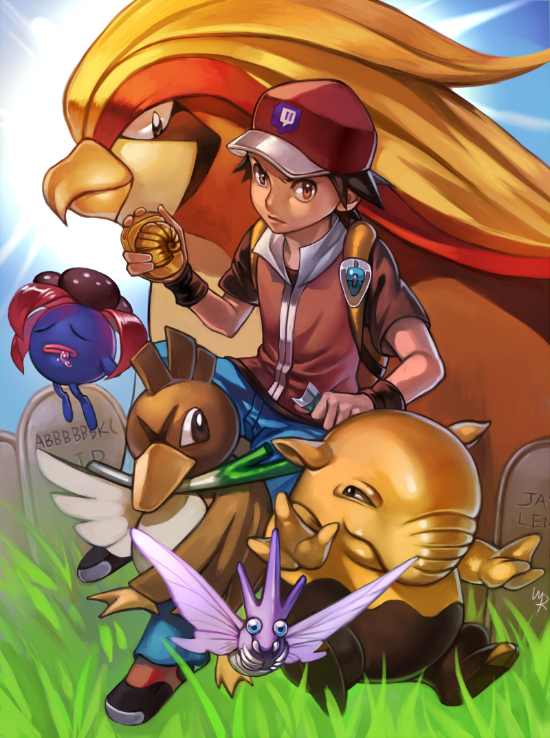 1990s_(style) 1boy baseball_cap darkeagle_an drowzee farfetch&#039;d game_freak gen_1_pokemon gloom_(pokemon) hat helix_fossil nintendo pidgeot pokemon pokemon_(creature) pokemon_rgby red_(pokemon) retro_artstyle twitch_plays_pokemon usagi_haku venomoth