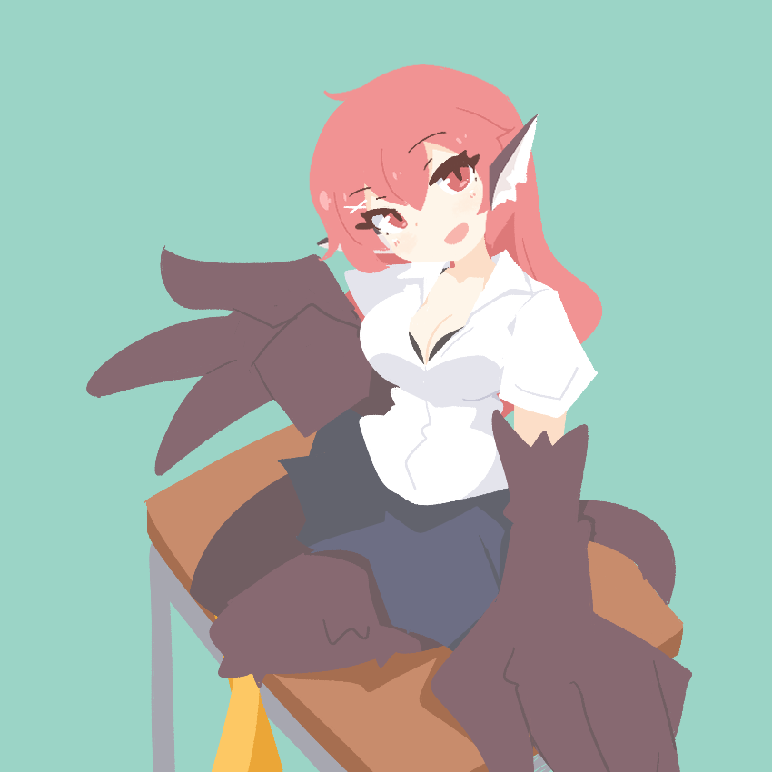 1girl animal_ears big_o_pants bird_ears bird_legs bird_tail black_feathers black_skirt black_wings breasts cleavage commentary desk feather_fingers feathers fio-chan_(big_o_pants) hair_ornament hairclip harpy large_breasts long_hair looking_at_viewer monster_girl on_desk open_mouth original red_eyes red_hair shirt sitting skirt solo tail w white_shirt winged_arms wings