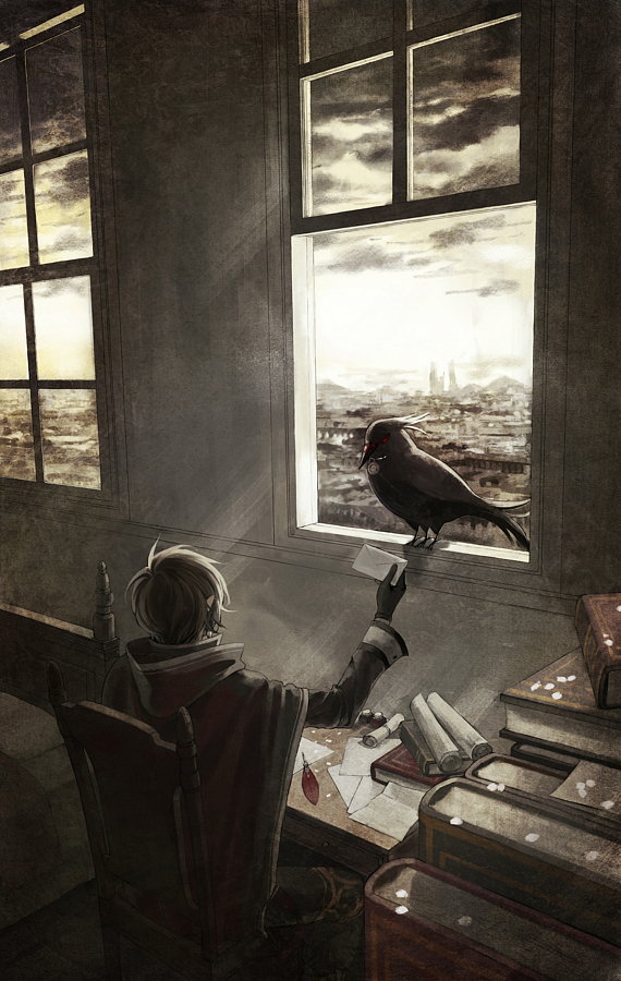 1boy bed bird black_bird black_gloves black_hair book chair city cloak cloud cloudy_sky desk envelope from_behind gloves hise hood hood_down indoors long_sleeves male_focus muted_color pixiv_fantasia pixiv_fantasia_new_world quill raven scroll short_hair sitting sky solo window