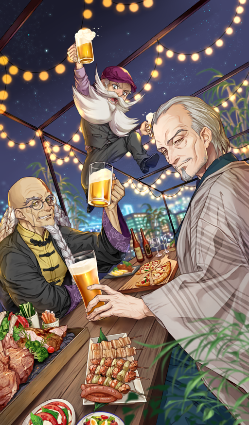 3boys alcohol arm_above_head bald beard beer beer_mug black_jacket blue_eyes bottle braid braided_beard brown_eyes chaldea_boys_collection chaldea_juukou_monogatari changpao chinese_clothes chinstrap_beard closed_mouth commentary cup don_quixote_(fate) drink drinking_glass dutch_angle eating eyewear_strap facial_hair fate/grand_order fate_(series) flat_cap foam food food_request glasses green_kimono grey_haori grey_pants grey_vest group_picture hair_slicked_back hand_up hat height_difference holding holding_cup jacket japanese_clothes jumping kimono knee_up long_beard long_hair long_sleeves looking_at_viewer lower_teeth_only male_focus meat meisai midair mug multiple_boys multiple_braids mustache night night_sky official_alternate_costume official_art old old_man open_mouth outdoors pants pizza plate purple_hat purple_shirt round_eyewear scar_on_head shirt short_hair sitting skewer sky smile star_(sky) starry_sky teeth third-party_source toasting_(gesture) vest waistcoat white_facial_hair white_hair wide_sleeves wine_glass wrinkled_skin yagyuu_munenori_(fate) yellow_eyes yellow_shirt zhang_jue_(fate)