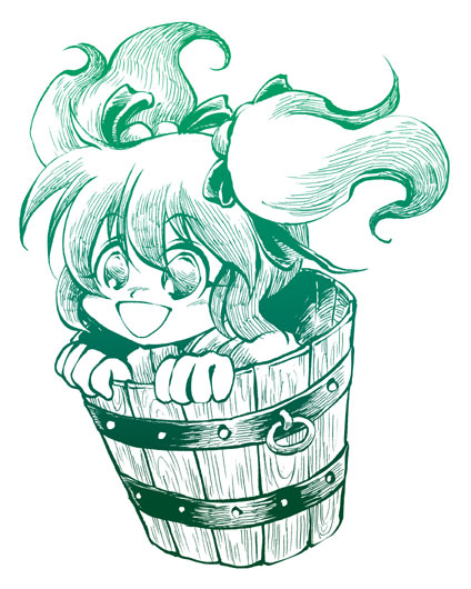 1girl aqua_theme bow bucket commentary_request eyelashes floating_hair full_body fuyuzato_seia hair_between_eyes hair_bow happy in_bucket in_container japanese_clothes kimono kisume light_blush long_sleeves open_mouth short_hair short_twintails simple_background smile solo tareme touhou twintails white_background wooden_bucket