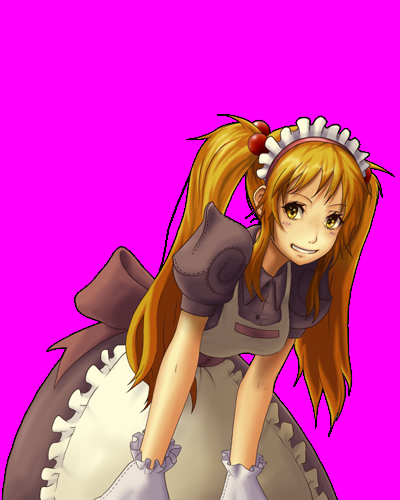 1girl apron blonde_hair breasts brown_dress brown_sash collared_dress commentary_request cowboy_shot curly_sue dress frilled_apron frills gloves grin inaba515 kafra_uniform leaning_forward looking_at_viewer lowres maid maid_headdress medium_breasts pink_background puffy_short_sleeves puffy_sleeves ragnarok_online short_sleeves sidelocks simple_background smile solo twintails white_apron white_gloves yellow_eyes