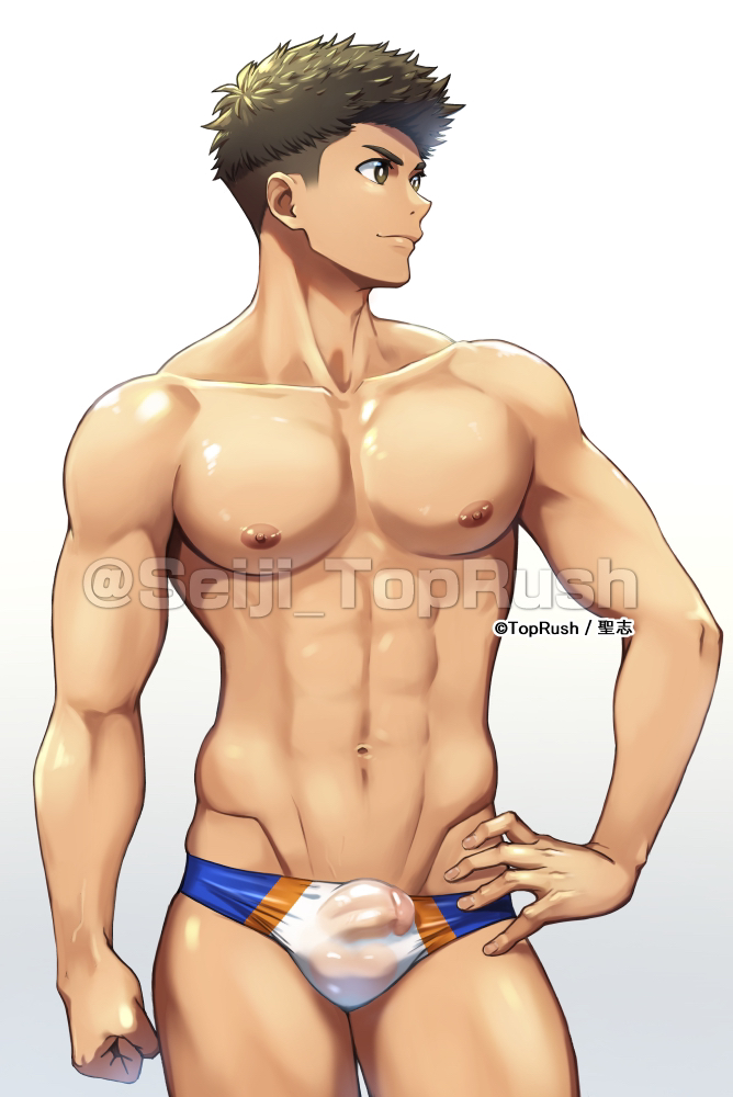 1boy abs artist_name brown_eyes brown_hair bulge clenched_hand collarbone commentary_request contrapposto covered_penis cowboy_shot facing_viewer gradient_background groin hand_on_own_hip looking_to_the_side male_focus male_swimwear multicolored_male_swimwear navel nipples paid_reward_available pectorals profile see-through_clothes seiji_toprush shiny_skin skindentation smile smirk solo spiked_hair standing swim_briefs toned toned_male twitter undercut