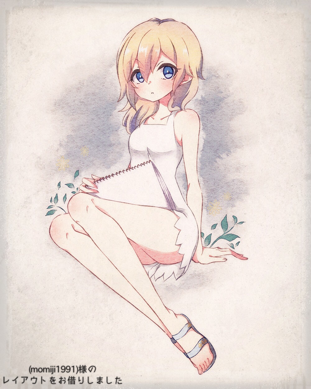 1girl :o bare_shoulders blonde_hair blue_eyes blush dress full_body highres holding holding_sketchbook kingdom_hearts kingdom_hearts:_chain_of_memories long_hair namine open_mouth sandals sketchbook sleeveless sleeveless_dress solo totoma white_background white_dress