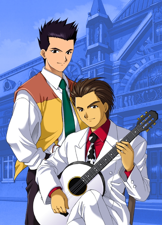 1990s_(style) abstract_background black_hair black_necktie black_pants blue_background brown_hair brown_vest buttons chair closed_mouth collar collared_shirt collared_suit cowboy_shot crossed_legs formal_clothes green_necktie grey_eyes guitar hair_slicked_back hand_in_pocket holding holding_guitar holding_instrument instrument kayama_yuuichi legs_together looking_at_viewer music necktie non-web_source official_art on_chair oogami_ichirou orange_vest pants parted_lips playing_instrument pocket red_collar red_shirt red_undershirt retro_artstyle sakura_taisen sakura_taisen_ii sega shirt short_hair simple_background singing sitting three-quarter_sleeves sleeves_rolled_up spiked_hair standing suit suspenders teeth two-tone_necktie two-tone_vest undershirt very_short_hair vest white_collar white_necktie white_pants white_sleeves white_suit wing_collar yamaguchi_yasushi yellow_vest