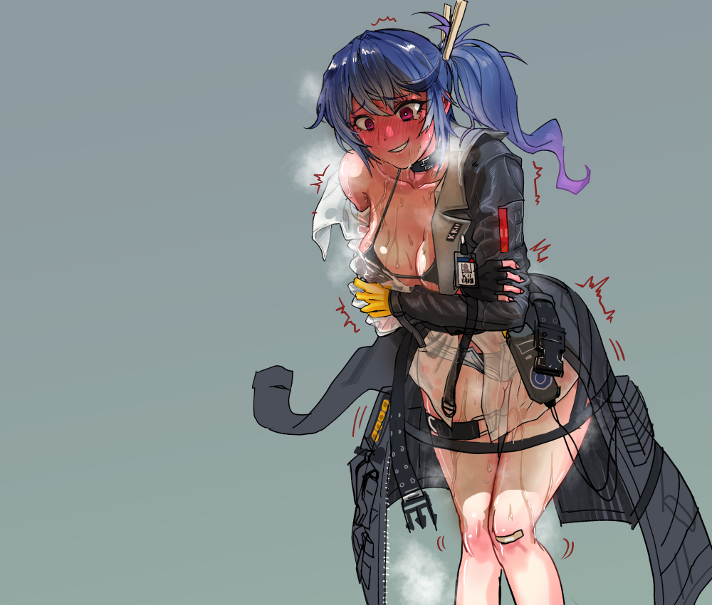 1girl 20x30mm_lv 20x30mm_lv_p_k168 ammunition bad_id bad_pixiv_id blue_hair blush cannon_cartridge choker coat explosive girls&#039;_frontline gradient_hair grenade grenade_cartridge grin k11_(girls&#039;_frontline) long_hair multicolored_hair nervous_sweating practice_round purple_eyes purple_hair see-through_clothes see-through_shirt sheep_(yangdor) shirt short_shorts shorts side_ponytail smile solo steaming_body subsonic_ammunition sweat