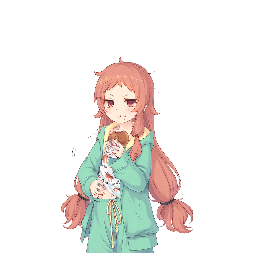 1girl eating food food_on_face green_pajamas green_pants holding holding_food long_hair looking_at_viewer low-tied_long_hair official_art pajamas pants princess_connect! rin_(princess_connect!) rin_(real)_(princess_connect!) scratching_stomach tachi-e transparent_background