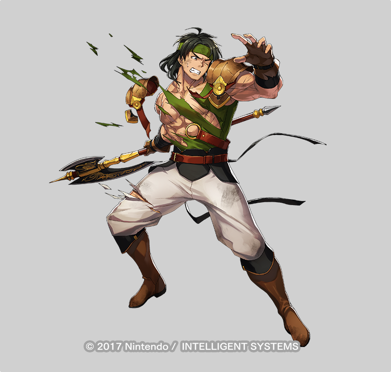 1boy abs axe bandages belt black_hair boots copyright_notice dai-xt fingerless_gloves fire_emblem fire_emblem:_thracia_776 fire_emblem_heroes full_body gloves grey_background headband injury long_hair male_focus muscular nintendo official_art one_eye_closed osian_(fire_emblem) pectorals solo teeth topless_male torn_clothes