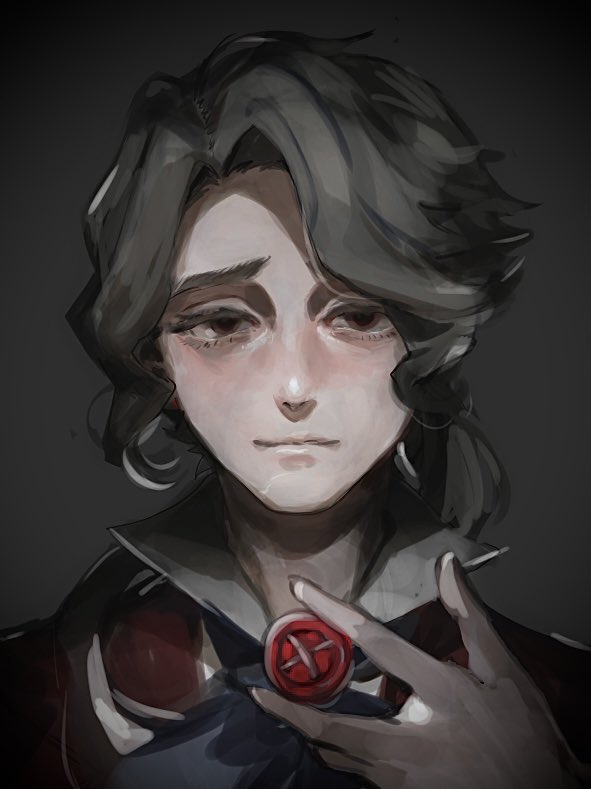 1boy between_fingers blue_ribbon brown_eyes buttons closed_mouth frederick_kreiburg grey_background grey_hair hoge_(n8sss) holding holding_button identity_v jacket long_hair looking_at_viewer low_ponytail male_focus neck_ribbon parted_bangs ponytail popped_collar red_jacket ribbon simple_background solo straight-on upper_body