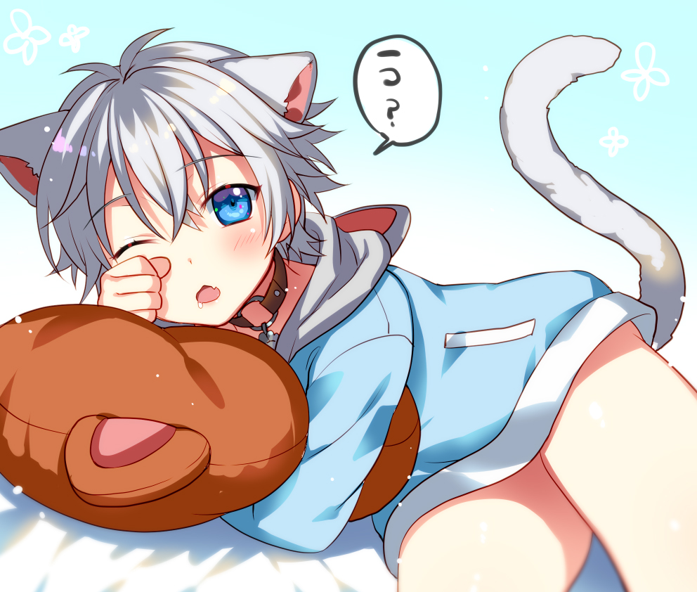 1boy ? animal_ears blue_eyes blush cat_boy cat_ears child ginjiro_(ginziro525) ginjiro_(vtuber) grey_hair indie_virtual_youtuber lying male_focus on_side one_eye_closed short_hair solo stuffed_animal stuffed_toy tail virtual_youtuber white_hair yawning