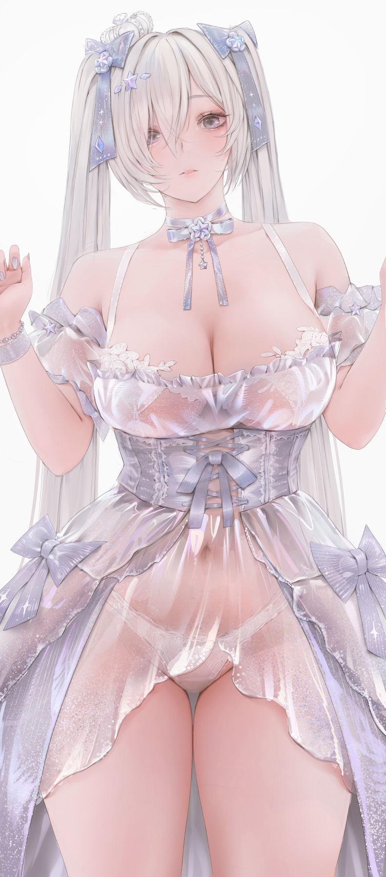 1girl bow choker cinderella_(glass_princess)_(nikke) cinderella_(nikke) covered_navel curvy dress goddess_of_victory:_nikke grey_corset grey_eyes hair_bow hands_up highleg highleg_panties highres lips long_hair looking_at_viewer ndoon official_alternate_costume panties parted_lips see-through_clothes see-through_dress simple_background solo thigh_gap thighs underwear very_long_hair white_background white_choker white_dress white_hair white_panties