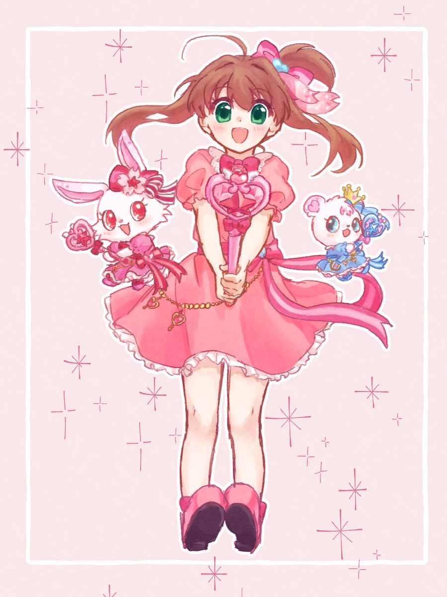 1girl :d ahoge bear blush bow brown_hair creature dress flower frilled_dress frills green_eyes hair_bow hair_ribbon highres holding holding_wand jewelpet_(series) jewelpet_twinkle labra_(jewelpet) long_hair magical_girl open_mouth rabbit red_eyes ri_p_sheep_15 ribbon ruby_(jewelpet) sakura_akari side_ponytail skirt smile wand white_rabbit_(animal)