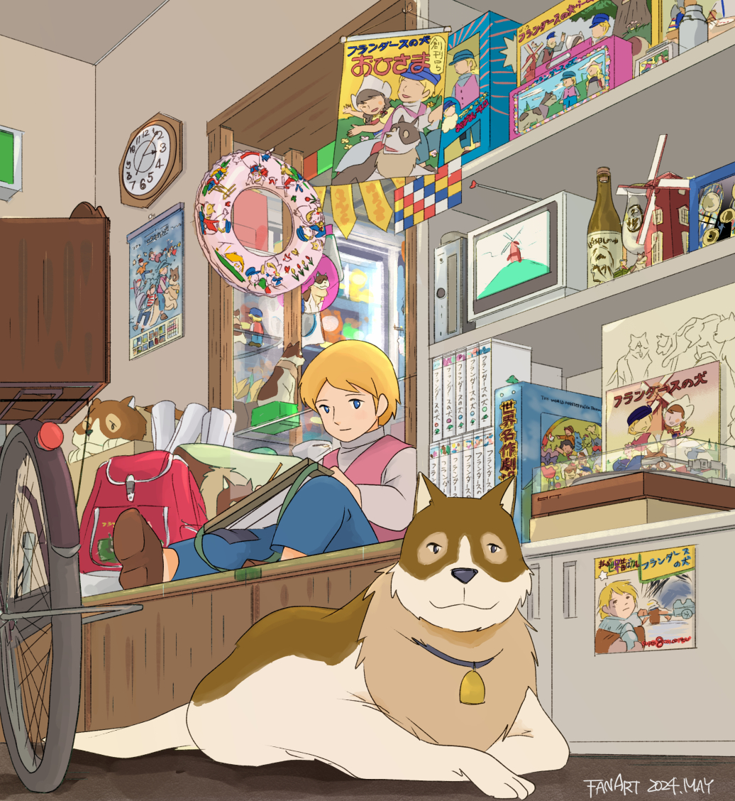 1boy a_dog_of_flanders aloise_cogez backpack bag bell bicycle blonde_hair blue_pants bottle brown_footwear clock copyright_name dated dog drawing_(action) indoors lifebuoy manga_(object) neck_bell nello_(a_dog_of_flanders) pants petrasche_(a_dog_of_flanders) pink_vest pocco1224 poster_(object) shelf shirt sitting smile swim_ring vest white_shirt