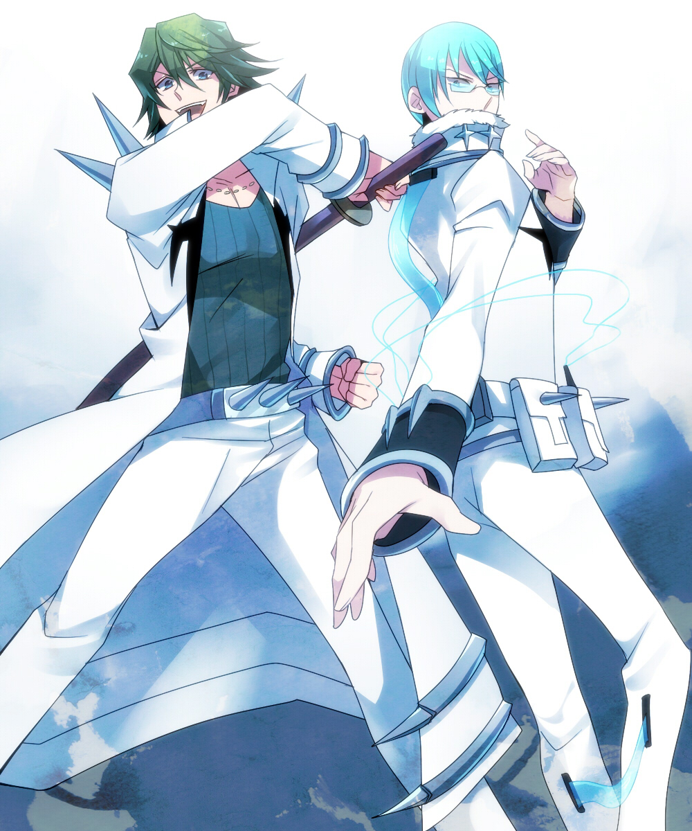 10s 2boys bad_id bad_pixiv_id blue_hair green_hair highres inumuta_houka kill_la_kill long_coat mojya multiple_boys sanageyama_uzu shinai spikes sword weapon