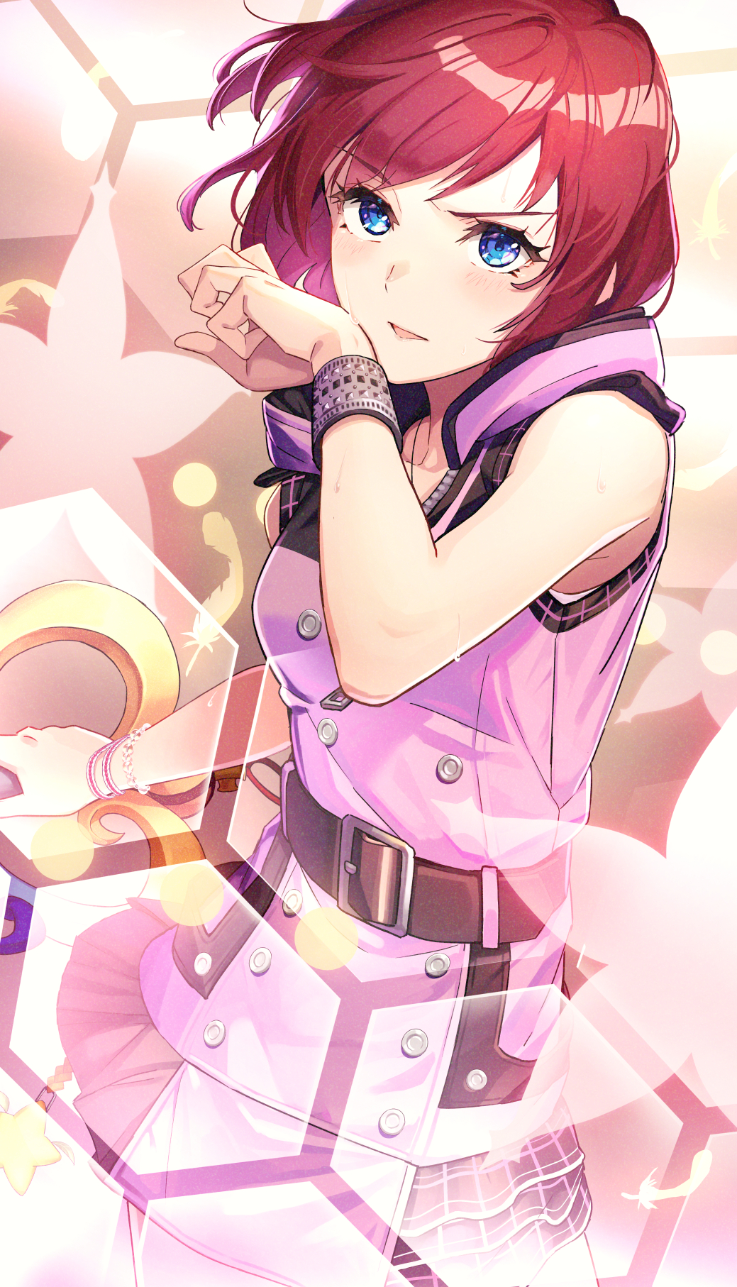 1girl belt blue_eyes bracelet gogo_(detteiu_de) highres hood hood_down jewelry kairi_(kingdom_hearts) keyblade kingdom_hearts kingdom_hearts_iii light_blush looking_at_viewer open_mouth red_hair short_hair skirt sleeveless solo sweat upper_body wiping_face
