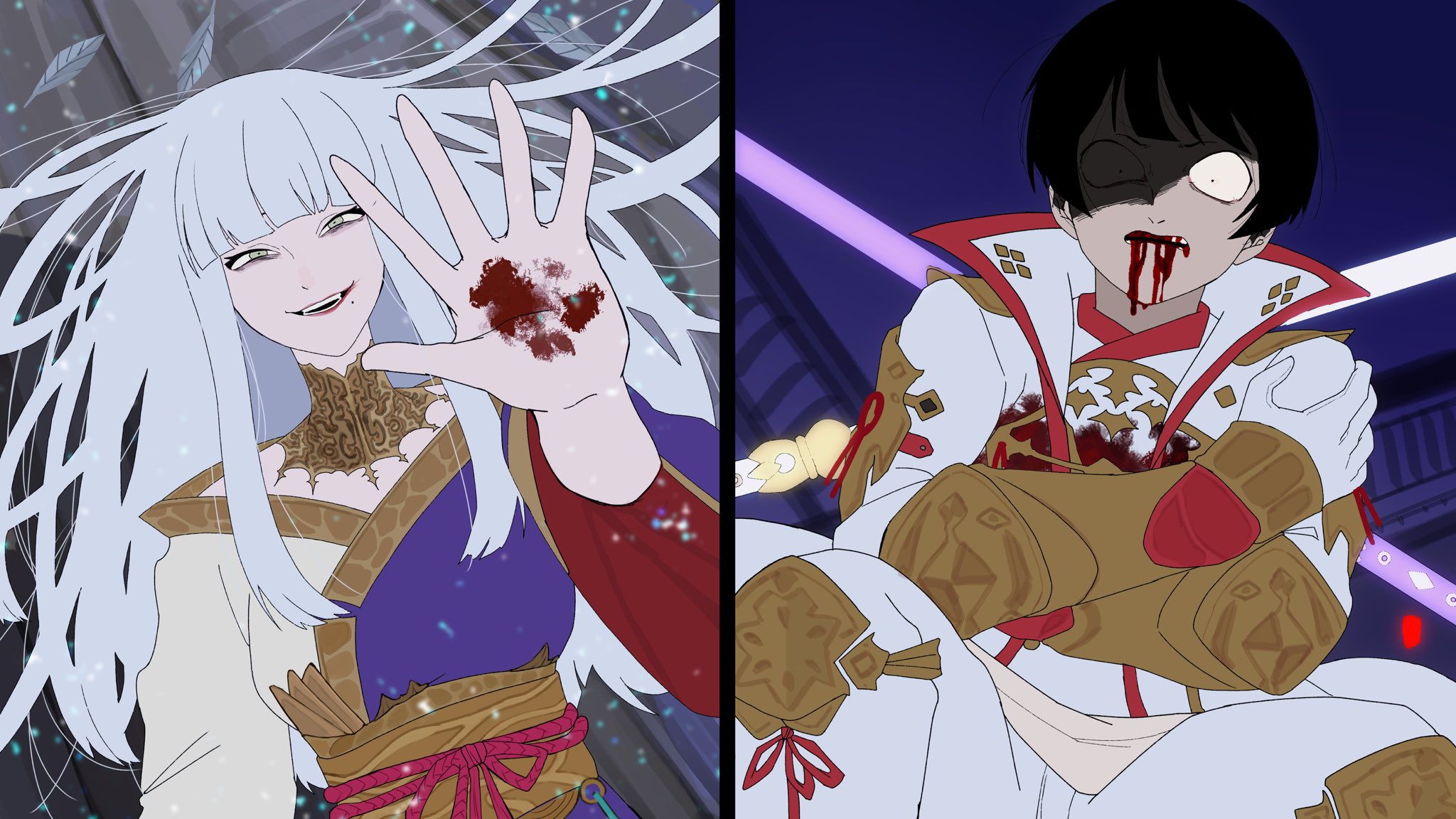 1boy 1girl asahi_sas_brutus black_hair blood blood_from_mouth blood_on_face blood_on_hands blunt_bangs brother_and_sister brown_collar coat collar commentary crossed_arms death final_fantasy final_fantasy_xiv foreshortening glaa_da gloves gold_trim green_eyes hair_spread_out half-closed_eyes highres hyur impaled japanese_clothes kimono lace_collar long_hair lying mole mole_under_mouth obi obijime on_back outstretched_arm revenge sash short_hair siblings sidelocks smile upper_body white_coat white_gloves white_hair yotsuyu_goe_brutus