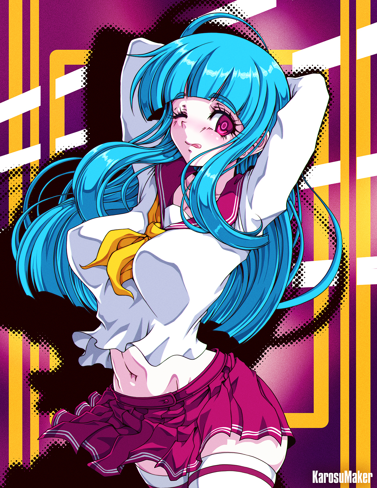 1girl ;q alternate_costume arms_behind_head artist_name blue_hair blunt_bangs breasts commentary commission contemporary cowboy_shot highres hyuuga_hinata karosu_maker large_breasts long_hair long_sleeves looking_at_viewer me!me!me! midriff naruto_(series) navel neckerchief neckerchief_between_breasts one_eye_closed paid_reward_available pleated_skirt purple_background purple_eyes purple_sailor_collar purple_skirt sailor_collar school_uniform serafuku shadow shirt skirt solo standing thighhighs tongue tongue_out white_shirt white_thighhighs yellow_neckerchief