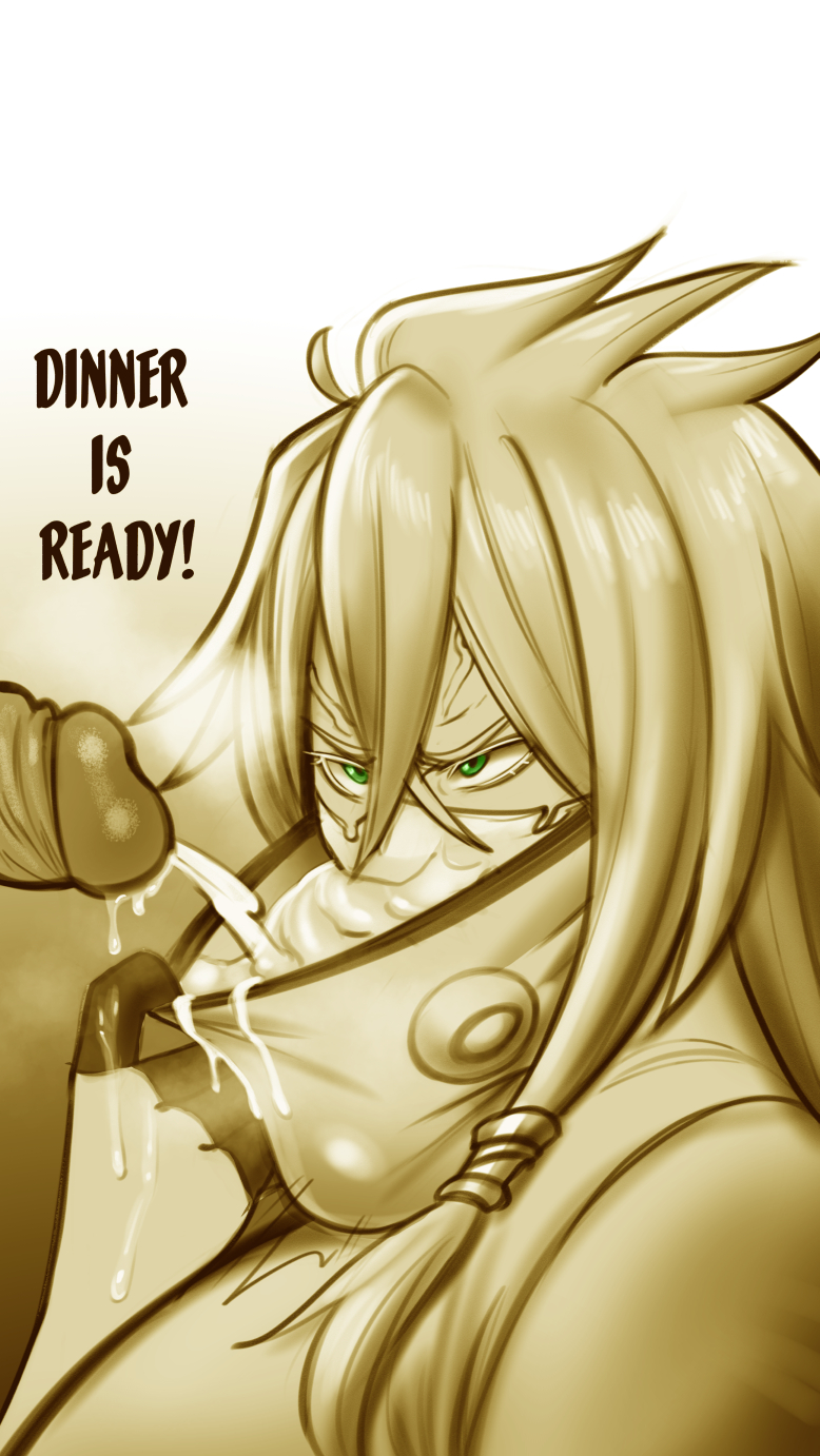 1boy 1girl angry bleach blonde_hair colored_eyelashes cropped_jacket cum cum_in_mouth ejaculation english_text erection espada green_eyes highres joylewds mask medium_hair penis tier_harribel upper_body veins veiny_penis