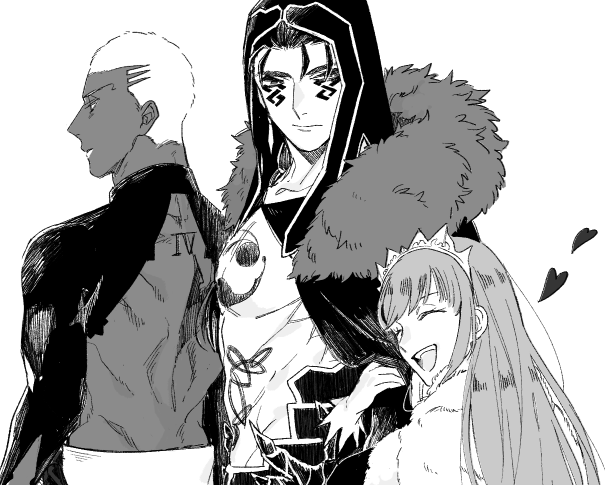 1girl 2boys back_tattoo cape closed_eyes commentary_request crew_cut cu_chulainn_(fate) cu_chulainn_alter_(fate) cu_chulainn_alter_(third_ascension)_(fate) dark-skinned_male dark_skin emiya_alter facial_mark fate/grand_order fate_(series) fur-trimmed_cape fur_trim grabbing_another&#039;s_arm greyscale heart hood kiyoshita medb_(fate) monochrome multiple_boys number_tattoo open_mouth smile tattoo tiara toned toned_male