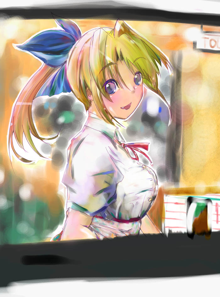 00s 1girl blonde_hair blue_eyes blush bow breasts fang faux_traditional_media female_focus hair_bow kokeshi_men miyauchi_lemmy open_mouth ponytail solo speed_painting to_heart to_heart_(series) to_heart_2