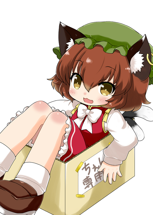 1girl :3 :d animal_ear_fluff animal_ear_piercing animal_ears blush bow bowtie box brown_eyes brown_hair cardboard_box cat_ears cat_tail chen commentary_request dress earrings fang foot_out_of_frame frills gold_trim hair_between_eyes hat in_box in_container jewelry looking_at_viewer mob_cap multiple_tails nekomata open_mouth reclining red_dress rikaon short_hair simple_background single_earring smile solo tail touhou translation_request two_tails white_background white_bow white_bowtie