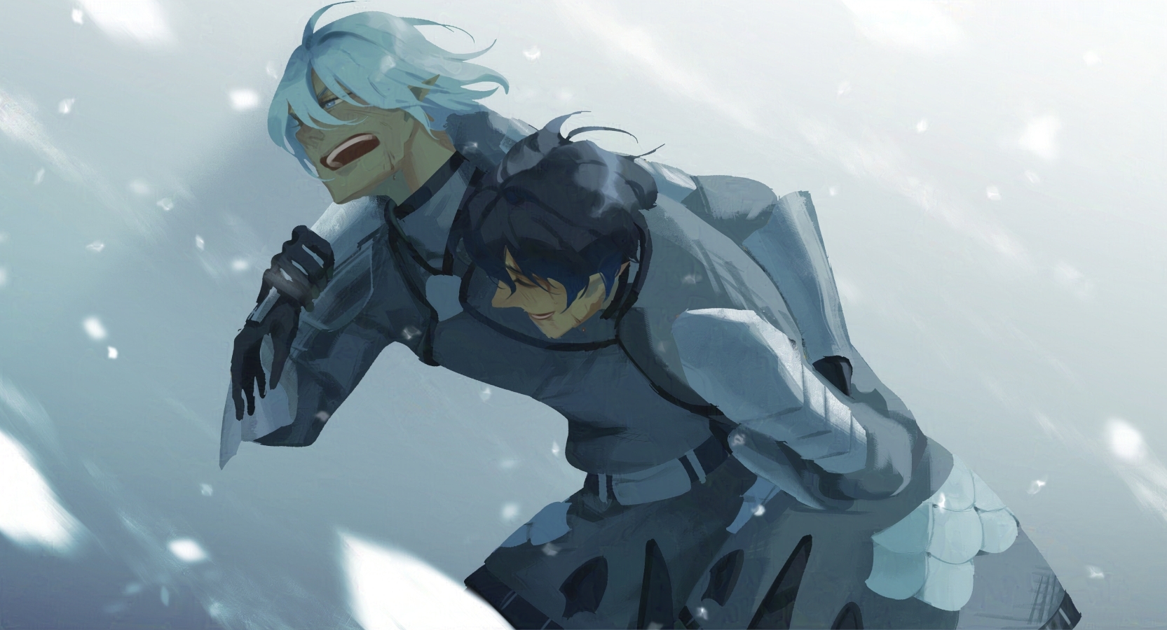 2boys arm_around_shoulder armor aymeric_de_borel belt black_belt black_gloves black_hair blue_eyes chainmail commentary cowboy_shot elezen elf english_commentary estinien_varlineau final_fantasy final_fantasy_xiv gloves hair_between_eyes highres hunched_over kimikoyuki_13 looking_ahead male_focus multiple_boys open_mouth pointy_ears snowing teeth upper_teeth_only white_hair
