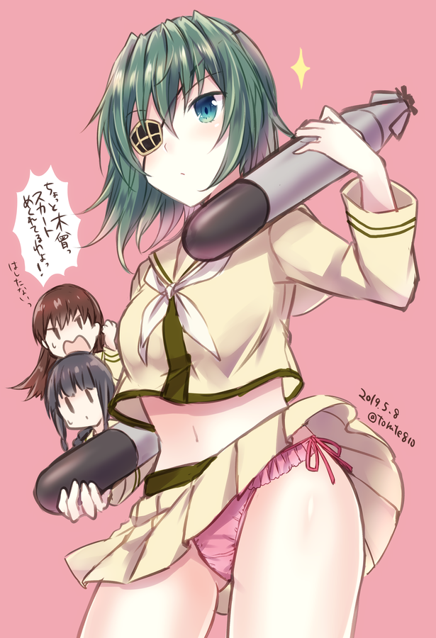 3girls bikini black_hair brown_hair commentary_request contrapposto cosplay cowboy_shot dated eyepatch green_eyes green_hair kabocha_torute kantai_collection kiso_(kancolle) kitakami_(kancolle) kitakami_(kancolle)_(cosplay) looking_at_viewer multiple_girls neckerchief one-hour_drawing_challenge ooi_(kancolle) ooi_(kancolle)_(cosplay) panties pink_background pink_panties pleated_skirt school_uniform serafuku short_hair side-tie_bikini_bottom simple_background skirt solo_focus sparkle standing swimsuit torpedo translation_request twitter_username underwear white_neckerchief yellow_serafuku yellow_skirt