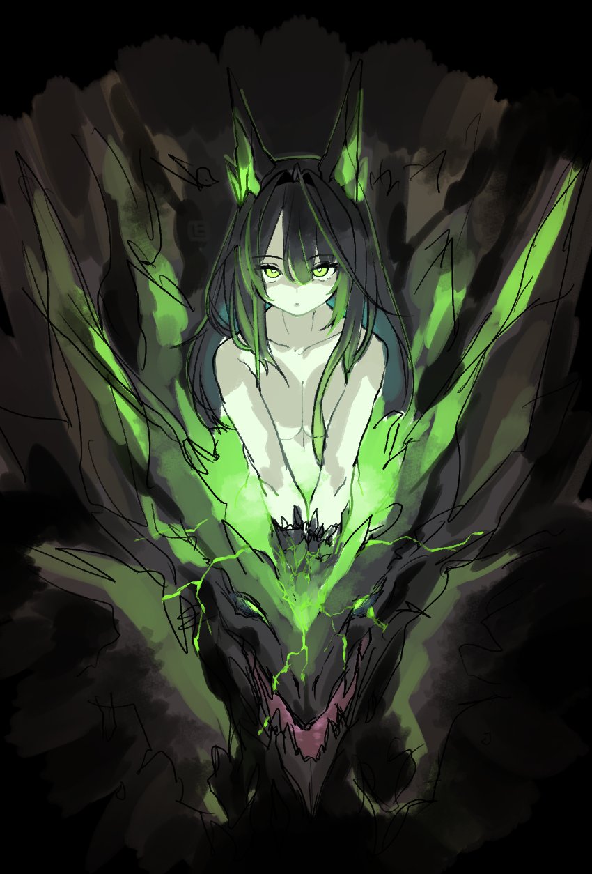 1girl arknights black_background black_hair blood breasts breasts_squeezed_together closed_mouth commentary creature_and_personification ecdysis green_blood green_eyes green_hair highres horns long_hair looking_at_viewer medium_breasts mon3tr_(arknights) mon3tr_(summon)_(arknights) monster multicolored_hair nude personification shedding shima_(wideshi_ma) simple_background solo straight-on streaked_hair v_arms