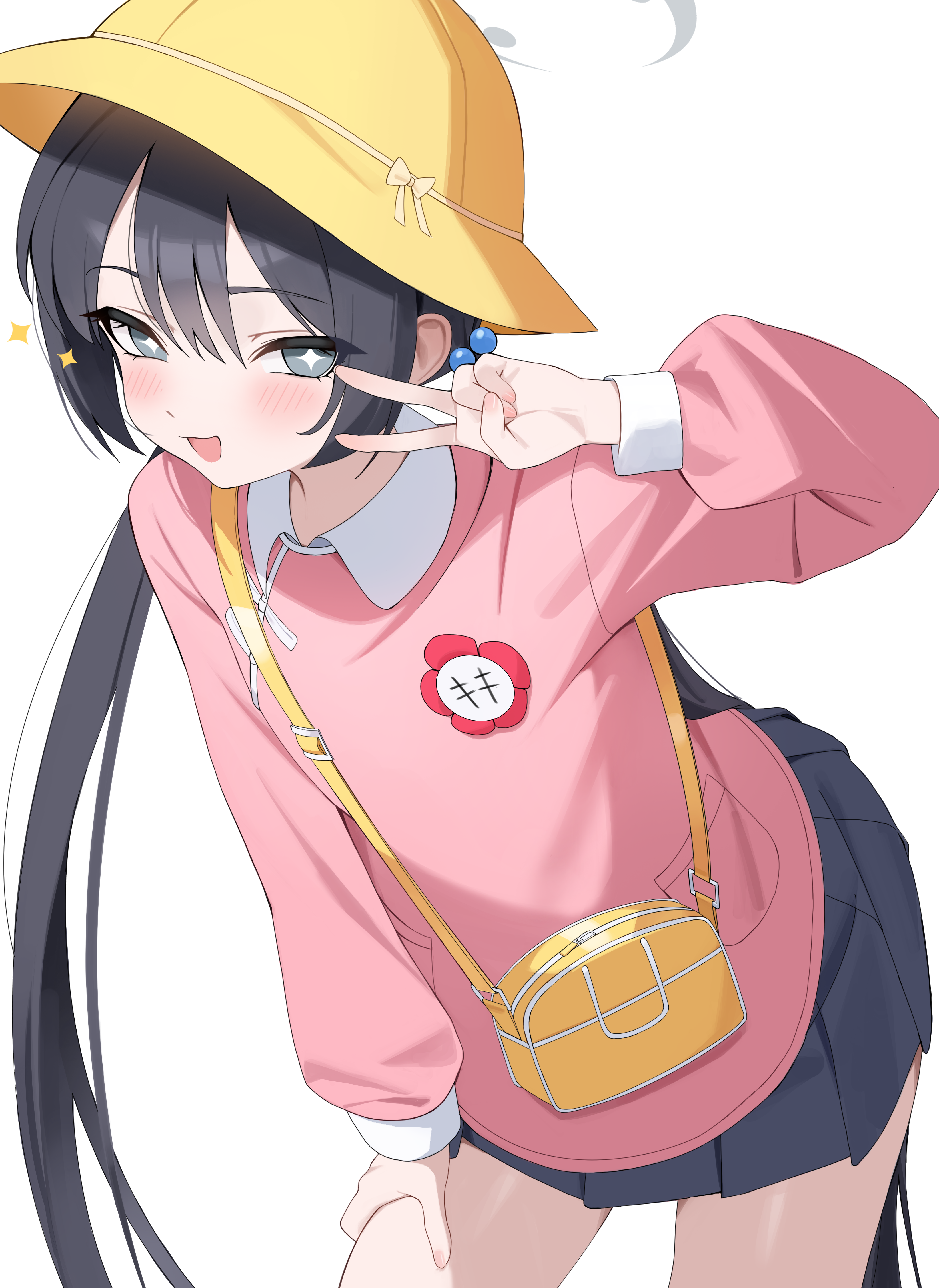+_+ 1girl absurdres bag black_hair black_skirt blue_archive commentary ddog flower_pin grey_eyes grey_halo hair_bobbles hair_ornament halo hat highres kindergarten_bag kindergarten_uniform kisaki_(blue_archive) kisaki_(kindergarten_uniform)_(blue_archive) long_hair low_twintails name_tag out_of_character pink_shirt pleated_skirt school_hat shirt simple_background skirt smock solo twintails upper_body v white_background yellow_bag yellow_hat